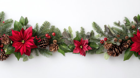 A stunning festive floral arrangement features vibrant red poinsettias, rich greenery, and natural pine cones, perfect for holiday decoration and celebration.の素材