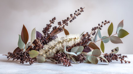 This captivating arrangement features various botanical elements, including eucalyptus leaves and seed pods, offering a contemporary touch to any space with calming colors and textures.の素材