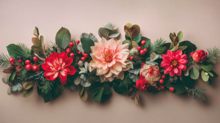 A stunning floral arrangement featuring vibrant red and pink blooms surrounded by lush greenery, designed to enhance any space with elegance and style.の素材