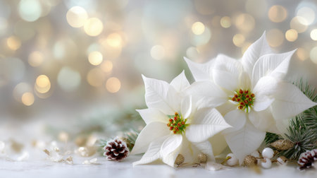 Delicate white poinsettia flowers arranged with holiday decor create a charming winter scene. Soft bokeh background adds warmth, perfect for seasonal celebrations.の素材