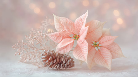 This charming stock photo features delicate pink poinsettia flowers accompanied by a rustic pine cone, set against a blurred, soft background for a seasonal touch.の素材