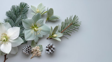 A serene composition featuring soft pastel flowers, evergreen sprigs, and pine cones on a light gray background, perfect for seasonal themes and minimalistic decor.の素材