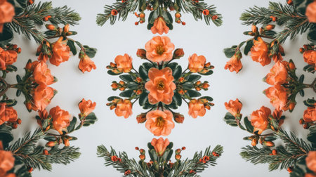 This stunning floral kaleidoscope pattern features vibrant orange flowers and green leaves, perfect for design projects, decorations, and digital backgrounds.の素材