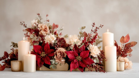 A beautiful floral arrangement featuring red poinsettias and soft cream flowers positioned among glowing candles, creating a warm festive ambiance for any holiday setting.の素材