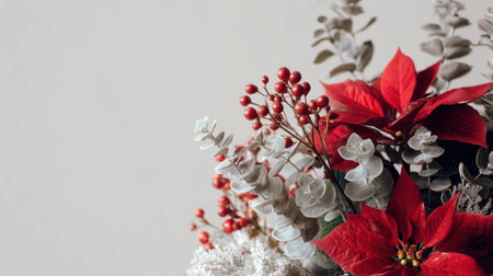 Beautiful floral arrangement featuring vibrant red flowers, eucalyptus, and berries against a soft neutral background, perfect for holiday decor and seasonal celebrations.の素材