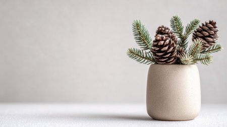 A serene and minimalistic display featuring pine cones and evergreen branches in a simple ceramic vase, showcasing natural beauty perfect for home decor inspiration.の素材