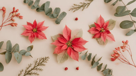 A stunning arrangement of red poinsettia flowers with lush greenery, perfect for holiday decoration or seasonal festivities on a soft neutral background.の素材