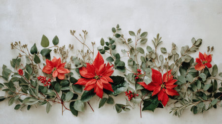 Beautifully arranged red poinsettias and lush greenery accentuate the Christmas spirit, ideal for seasonal projects, home decor, and creative designs.の素材