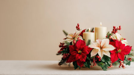 This elegant Christmas centerpiece features vibrant red poinsettias and soft white candles, perfect for enhancing festive holiday atmospheres and celebrations.の素材
