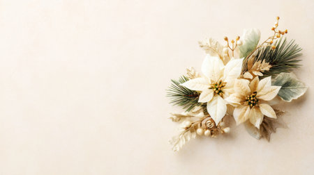 A beautiful floral arrangement featuring white poinsettias and pine branches on a soft beige background. Ideal for seasonal greetings, decor, and festive themes.の素材