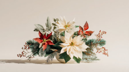 An elegant floral arrangement featuring vibrant white and red poinsettias alongside lush greenery, perfect for winter celebrations and festive decor.の素材