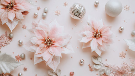 This charming arrangement features delicate pink flowers and shiny ornaments, perfect for creating a festive and elegant atmosphere during holiday celebrations.の素材
