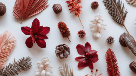 A visually appealing collection of dried flowers and natural elements displayed artistically on a white background, perfect for design projects and floral inspirations.の素材