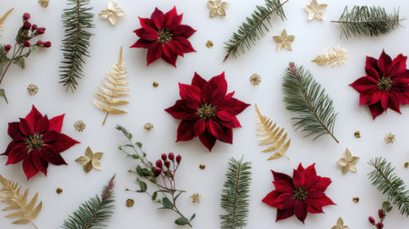 A beautiful arrangement featuring red poinsettia flowers, fresh greenery, and golden decorative elements, perfect for holiday celebrations and seasonal decor ideas.の素材