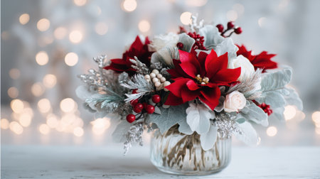 A stunning holiday floral arrangement featuring red poinsettias, berries, and silver leaves set against a blurred bokeh background, perfect for festive decor.の素材