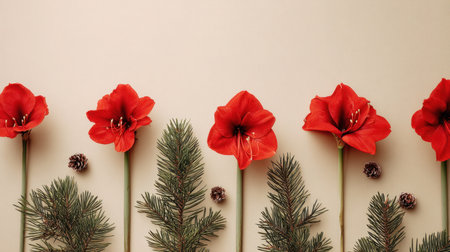 Stunning display of vibrant red amaryllis flowers paired with lush pine branches and decorative pine cones, perfect for festive winter home decor and seasonal celebrations.の素材