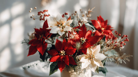A stunning floral arrangement featuring vibrant red and delicate white poinsettia flowers complemented by greenery. Perfect for holiday decor and seasonal inspiration.の素材