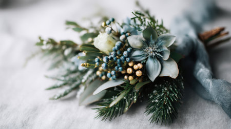 A beautifully arranged winter bouquet showcasing delicate blue berries, fresh green leaves, and soft white blooms, perfect for seasonal celebrations and elegant decor.の素材