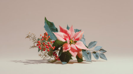A charming floral arrangement featuring a pink poinsettia, vibrant red berries, and lush green leaves, perfect for adding a festive touch to any space or occasion.の素材