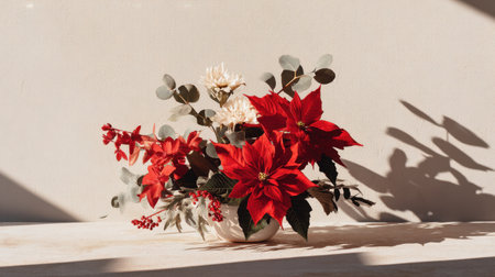 A beautiful floral arrangement showcasing vibrant red poinsettias, white chrysanthemums, and eucalyptus, set against a minimalist background, creating a warm and inviting atmosphere.の素材