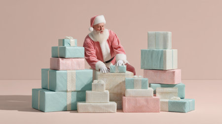 Santa Claus interacts with beautifully wrapped gifts in pastel colors, capturing the essence of holiday magic, cheer, and joyful Christmas celebrations perfect for festive imaginations.の素材
