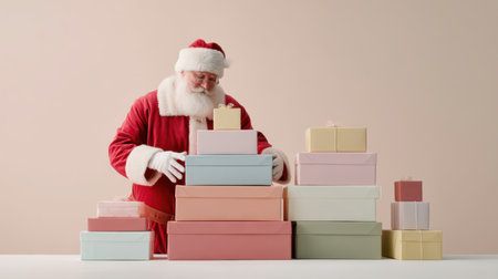 A joyful Santa Claus in a classic red suit organizes an array of colorful gift boxes, capturing the magic and spirit of the Christmas season in a festive setting.の素材