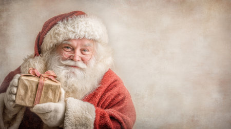 A joyful Santa Claus holds a beautifully wrapped gift box, perfect for creating holiday-themed content. The soft background enhances a festive atmosphere.の素材
