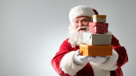 A joyful Santa Claus confidently presents a stack of colorful Christmas gifts, embodying the festive spirit and bringing warmth and happiness during the holiday season.の素材