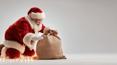 Santa Claus inspects his burlap sack filled with gifts, surrounded by sparkling lights, capturing the festive spirit of Christmas and joyful anticipation for the season.の素材