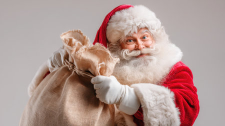 A festive Santa Claus joyfully poses with a large sack filled with gifts, radiating warmth and happiness perfect for holiday-themed designs and decorations.の素材
