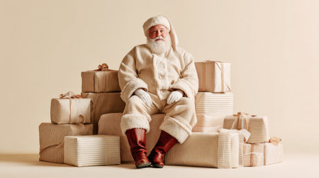 A jolly Santa Claus in a cozy outfit sits amidst beautifully wrapped gift boxes, radiating holiday cheer and inviting warmth for festive celebrations this Christmas.の素材