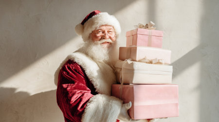 A joyful Santa Claus smiles warmly as he holds a stack of colorful gifts in a bright indoor setting, illuminated by natural sunlight, capturing the spirit of Christmas.の素材