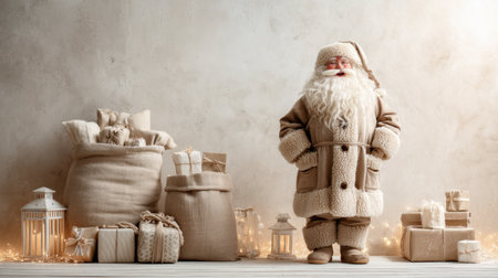 A charming Santa Claus in a beige outfit stands amidst beautifully wrapped gifts and cozy decorations, exuding warmth and festive cheer for the holiday season.の素材