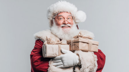 A cheerful Santa Claus dressed in traditional attire is happily holding wrapped gifts against a bright background, embodying the festive spirit of the holiday season.の素材