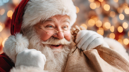 Delightful image of a jovial Santa Claus holding a sack of gifts, radiating joy and warmth against a soft, festive background perfect for holiday greetings.の素材