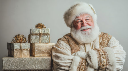 Embrace the festive spirit with this joyful Santa Claus portrait surrounded by golden gifts, radiating happiness and warmth during the holiday season.の素材