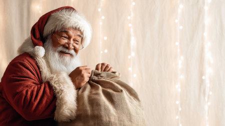 A joyful Santa Claus with a big sack of gifts sits in a warmly lit setting, embodying the spirit of Christmas and the joy of gift-giving during the festive season.の素材