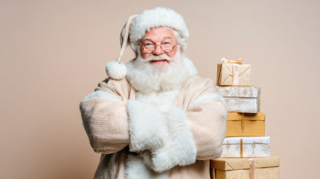 A joyful Santa Claus wearing a cozy outfit and glasses poses confidently with beautifully wrapped presents, embodying the spirit of the Christmas season.の素材