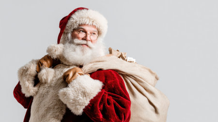 This festive image features a jolly Santa Claus character with a full white beard, dressed in a classic red suit, joyfully carrying a large sack filled with gifts.の素材