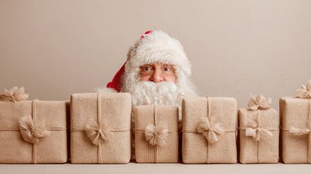 A cheerful Santa Claus with a fluffy beard peeks over a line of beautifully wrapped gifts, perfect for evoking holiday joy and festive spirit this Christmas season.の素材