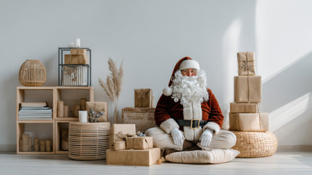 A joyful Santa Claus sits confidently in a bright and modern living room, surrounded by beautifully wrapped gifts and natural decorations, embodying the essence of holiday spirit.の素材