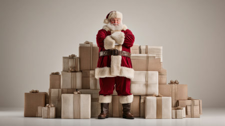 Santa Claus stands proudly next to a large collection of beautifully wrapped gifts, ready to deliver joy and foster special moments during the holiday season.の素材