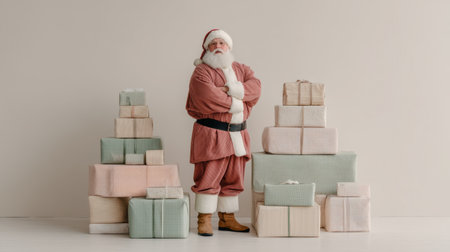 This captivating image features a cheerful Santa Claus standing proudly among beautifully wrapped presents, perfectly capturing the essence of holiday joy and celebration.の素材
