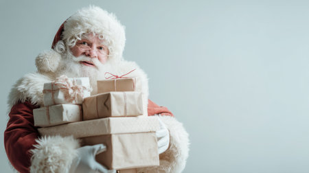A jolly Santa Claus stands with a pile of beautifully wrapped gifts, radiating warmth and joy. This festive image captures the spirit of Christmas.の素材