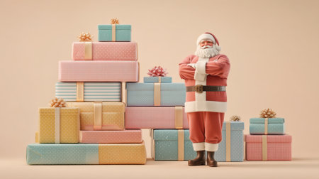A joyful Santa Claus stands confidently beside a colorful array of wrapped Christmas gifts, epitomizing holiday spirit and festive cheer against a soft pastel backdrop.の素材