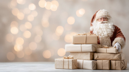 A joyful Santa Claus stands next to a stack of beautifully wrapped Christmas gifts, surrounded by warm lights that evoke the magic of the holiday season.の素材