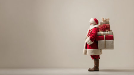 A joyful Santa Claus dressed in a classic red suit carries an assortment of Christmas gifts on his back. Perfect for representing holiday spirit and festive cheer.の素材