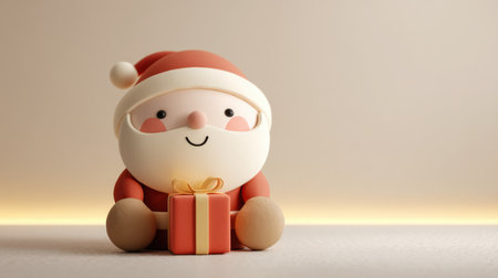 Adorable Santa Claus character holding a gift box, radiating joy and cheer. Ideal for holiday themes, festive promotions, or greeting card designs.の素材