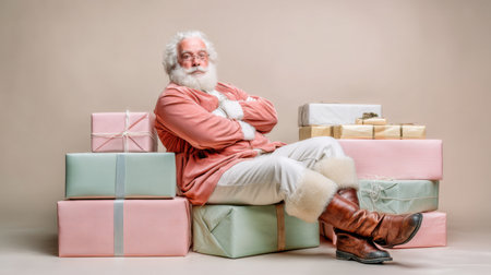 This delightful image features a cheerful Santa Claus sitting comfortably among beautifully wrapped gift boxes, radiating warmth and holiday spirit.の素材