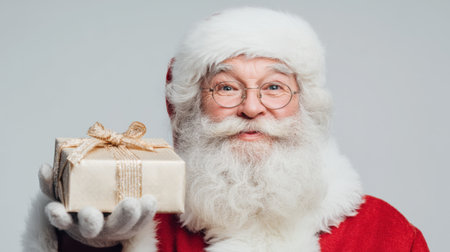 An elderly man dressed as Santa Claus joyfully holds a beautifully wrapped gift, embodying the spirit of Christmas and spreading festive cheer during the holidays.の素材